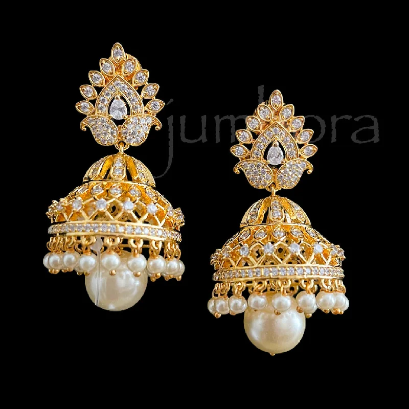 matching earrings for women -White Diamond Alike AD (CZ) Zircon Jhumka Earring