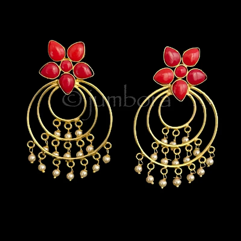 trendy ear climbers for women -Amrapali Chandbali earring with Coral red stone