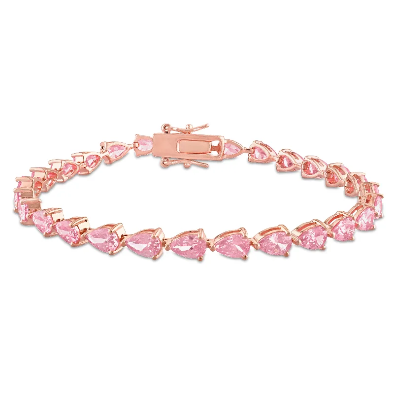 women’s braided bracelets -13 1/2 CT TGW Pear Shape Created Pink Sapphire Tennis Bracelet in Rose Plated Sterling Silver