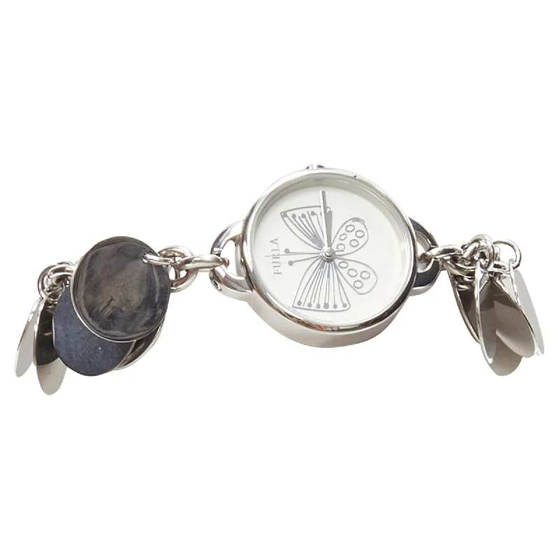 gemstone rings for women -Furla scribble butterfly logo silver disc chain watch bracelet