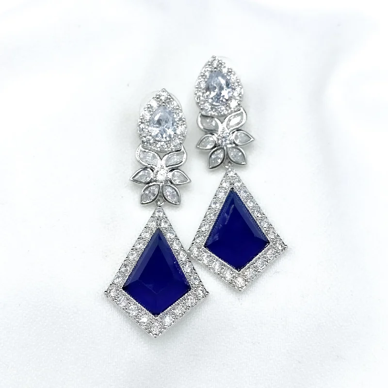 gold-plated earrings for women -Designer Rhodium polish White and Sapphire Blue Zircon (CZ) Earring