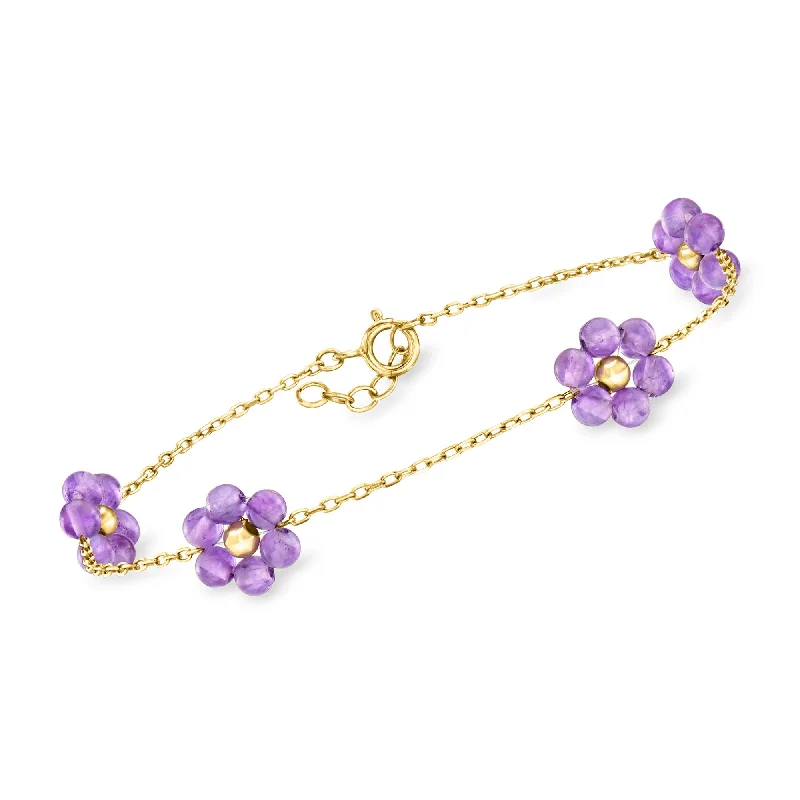 trendy rings for women -RS Pure by Ross-Simons Amethyst Flower Station Bracelet in 14kt Yellow Gold