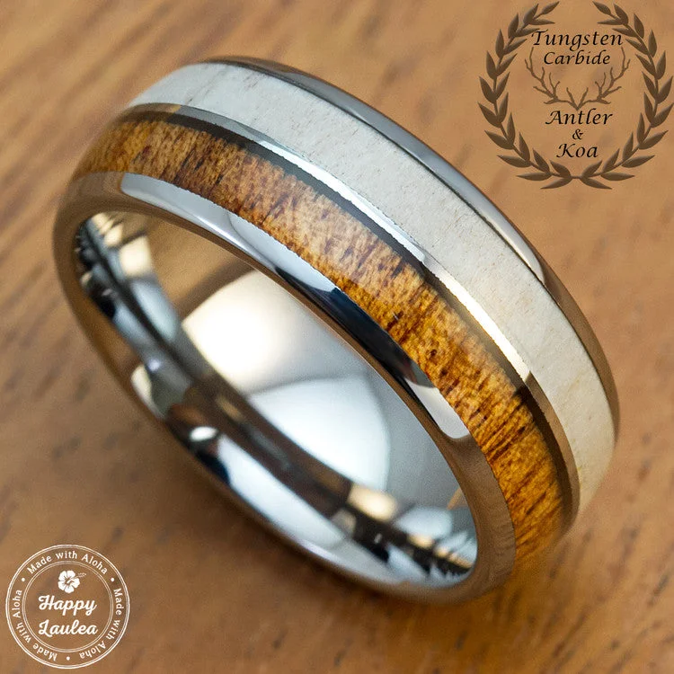 Genuine Antler & Hawaiian Koa Wood Tungsten Carbide Ring, 8mm, Dome Shape, Comfort Fitment