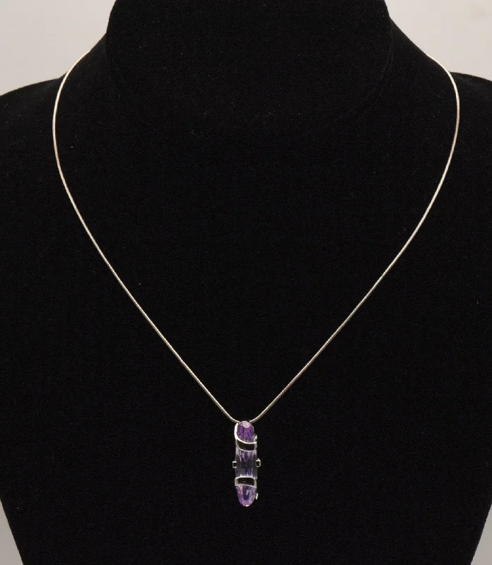 fashion-forward necklaces for women -Bluish Purple Cut Glass Sterling Silver Pendant on Sterling Silver Italian Snake Link Chain Necklace - 16.5"