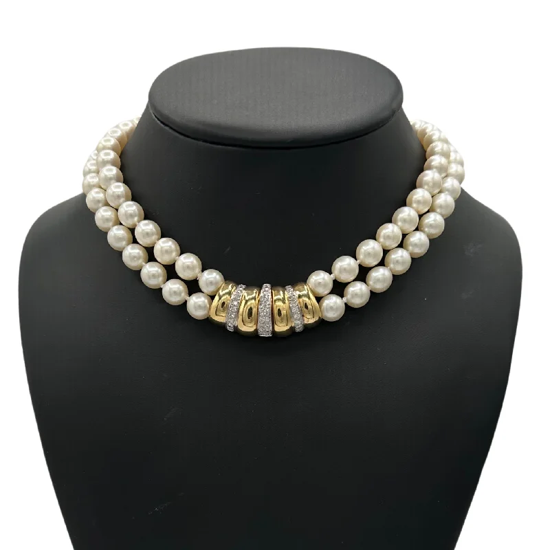 wedding day necklaces for women -Vintage Double Strand Japanese Cultured Pearl Necklace with Diamond 18k Gold Clasp