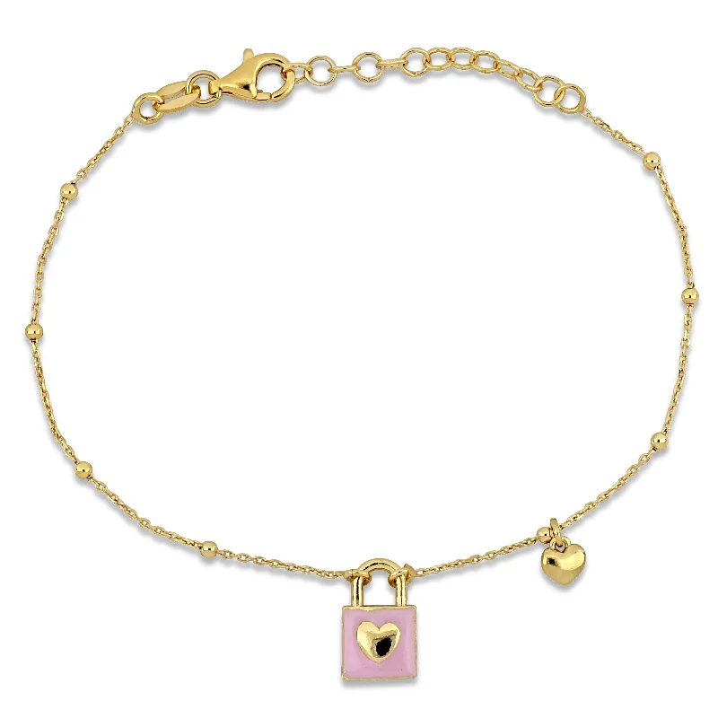 trendy rings for women -Mimi & Max Pink Enamel Lock and Heart Charm Bracelet in Yellow Silver- 7+1 in.