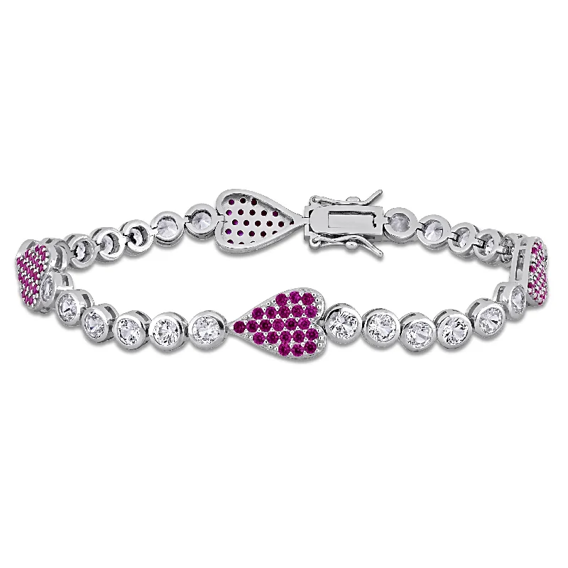 bohemian bracelets for women -Mimi & Max 9 1/2ct TGW Created Ruby Created White Sapphire Heart Bracelet Sterling Silver