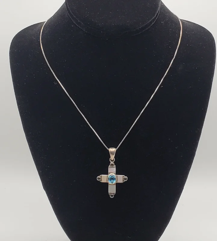 adjustable necklaces for women -Blue Topaz, Mother of Pearl, Enamel Cross Pendant on Sterling Silver Chain Necklace - 18"