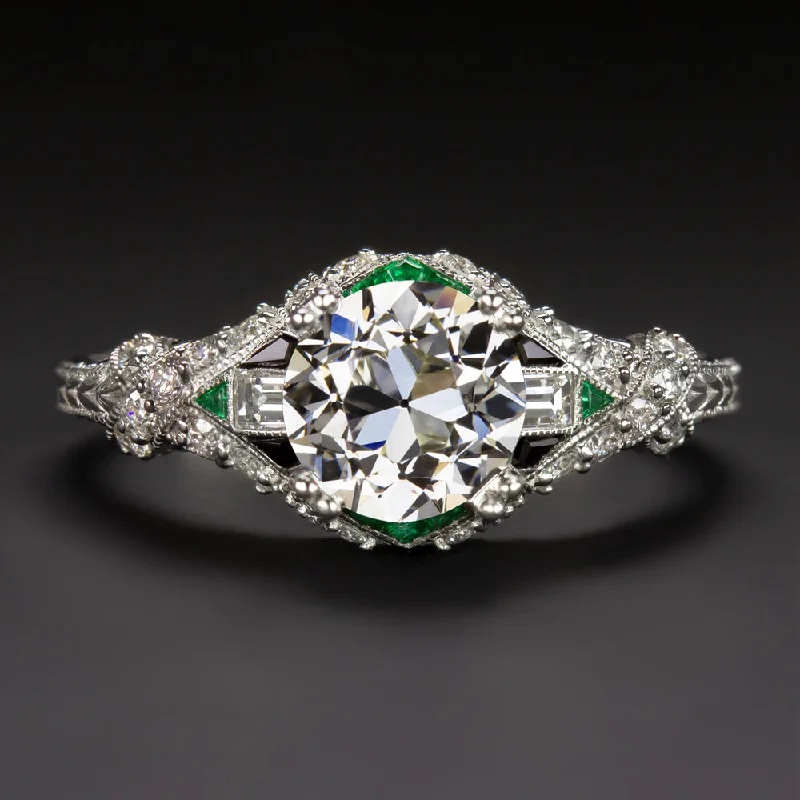 minimalistic engagement rings -1.32ct GIA OLD EUROPEAN CUT DIAMOND ENGAGEMENT RING VINTAGE STYLE EMERALD ONYX