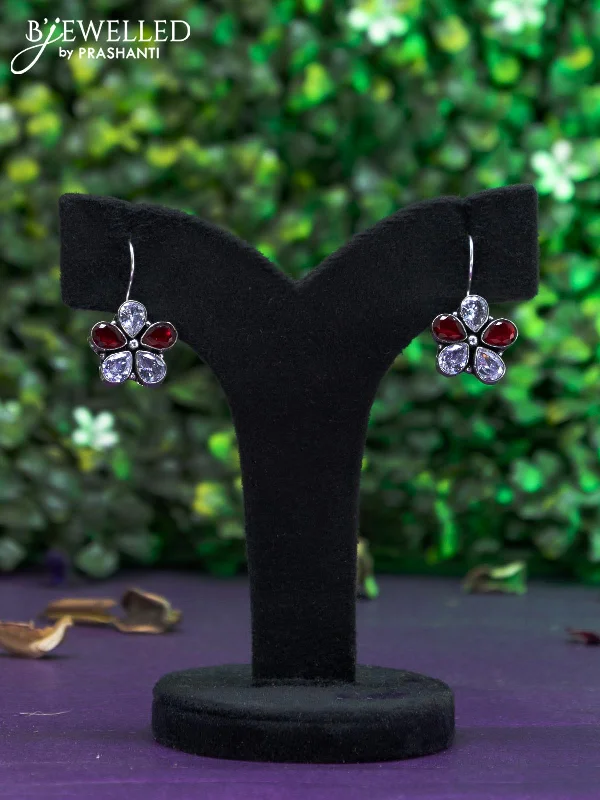 small gold earrings for women -Oxidised hanging type earring with maroon and cz stones