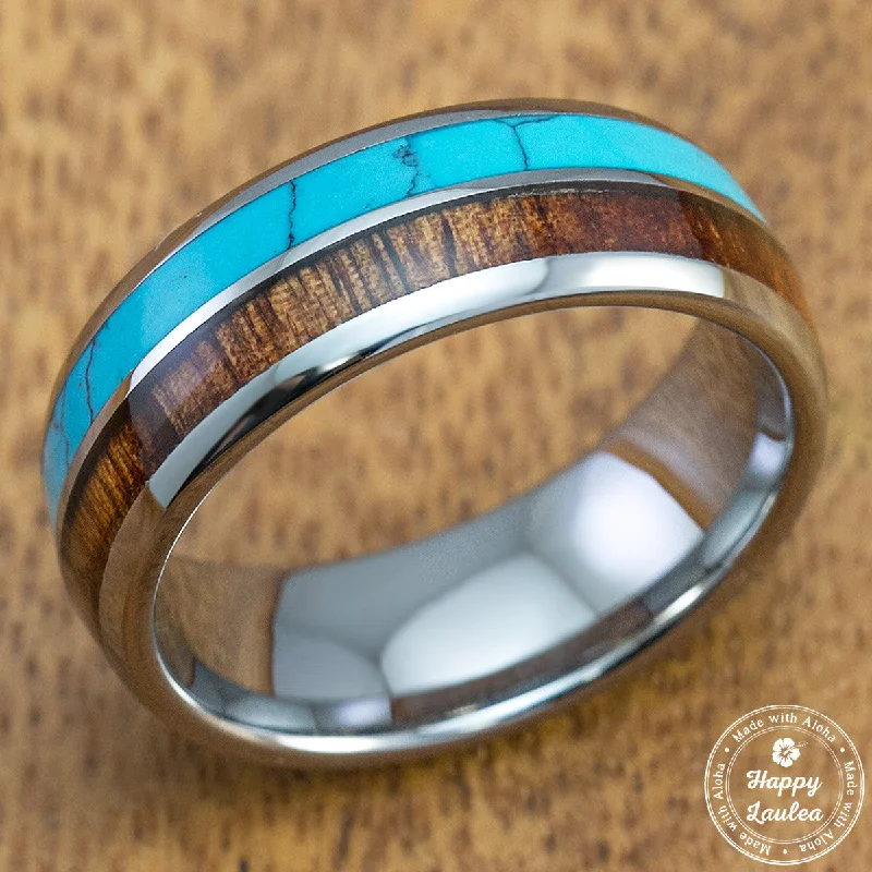 Tungsten Carbide 8mm Ring with Turquoise and Hawaiian Koa Wood Inlay, Comfort Fitment, Barrel Style