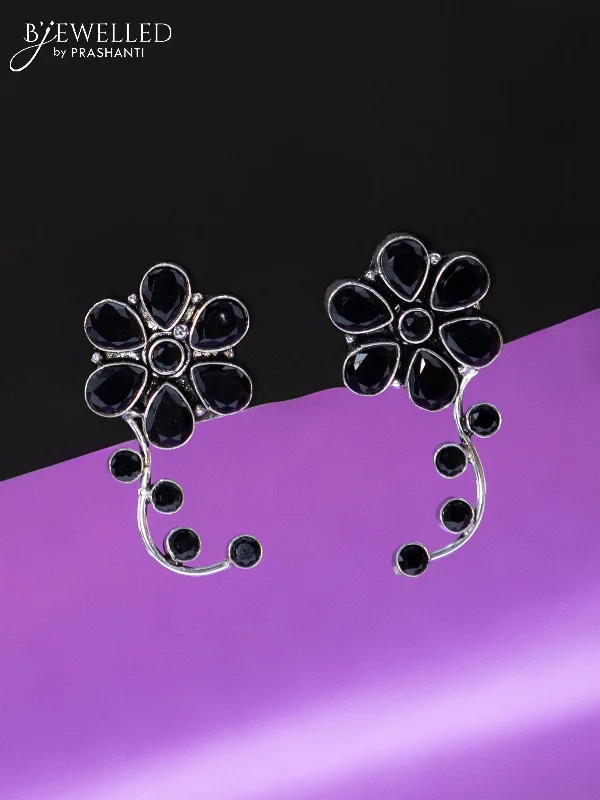 long chain earrings for women -Oxidised earrings floral design with black stones