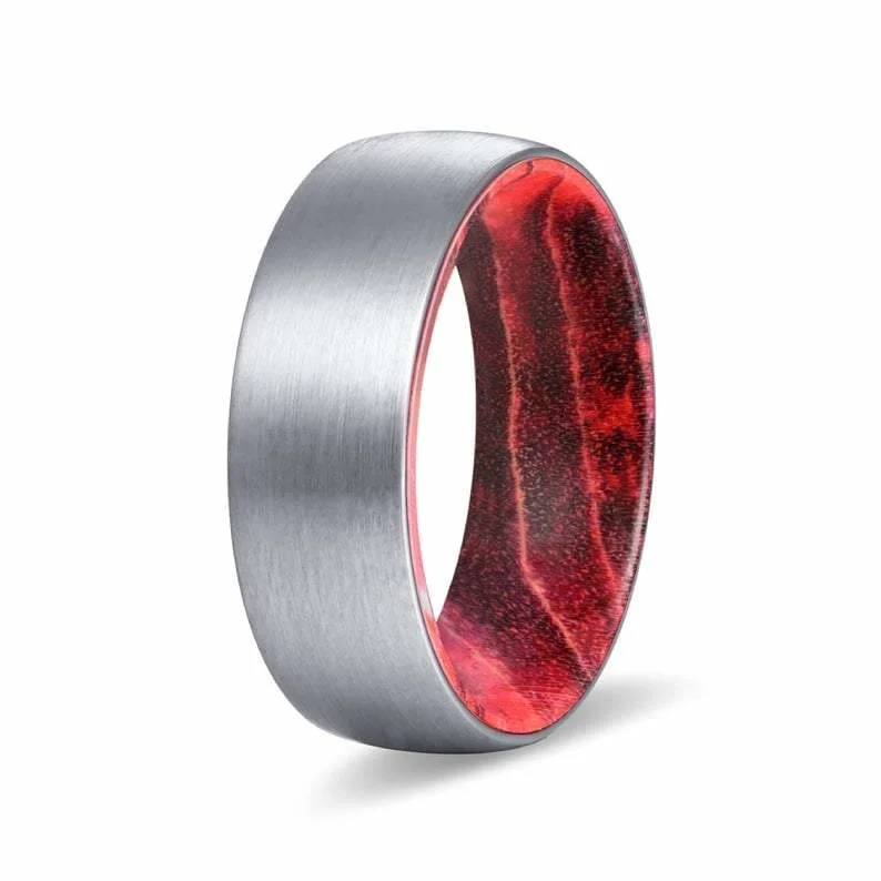 DALLAS Domed Men's Tungsten Ring with Black/Red Box Elder Wood Sleeve 8mm