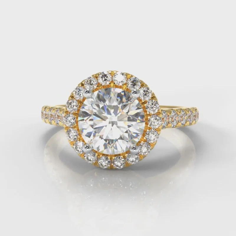 cushion cut engagement rings -Micropavé Round Brilliant Cut Diamond Halo Engagement Ring - Yellow Gold