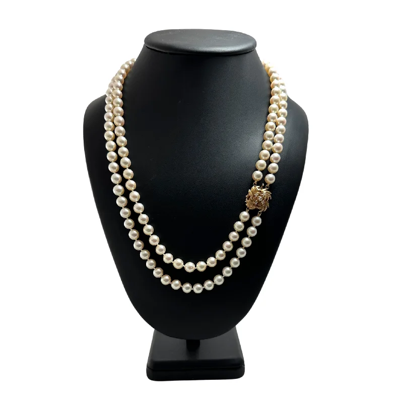 classic diamond necklaces for women -Estate Retro Birks Double Strand Pearl Necklace with 14K Gold and Diamond Clasp