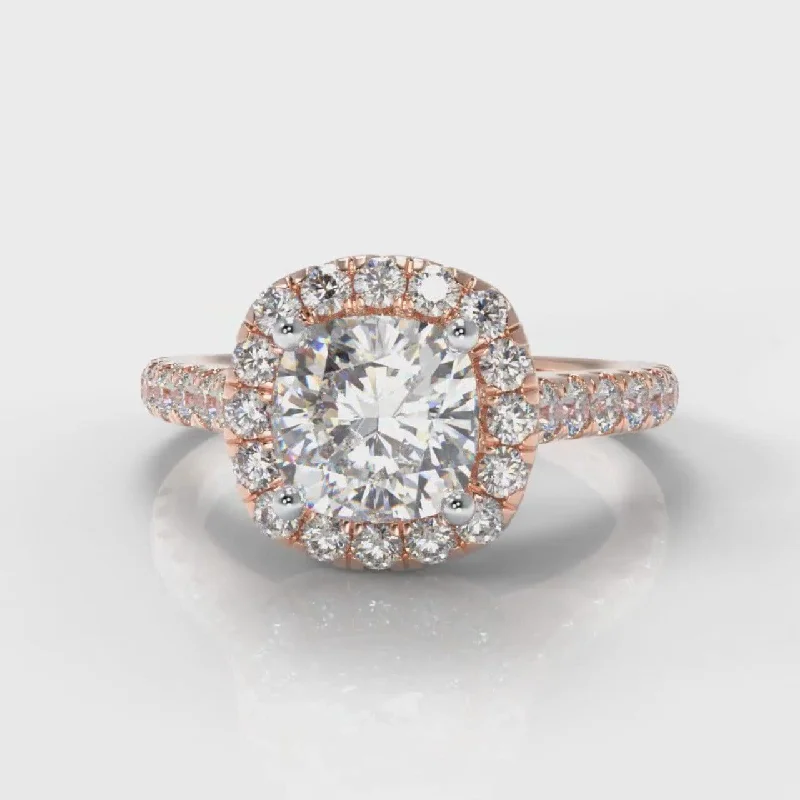 custom diamond engagement rings -Micropavé Cushion Cut Diamond Halo Engagement Ring - Rose Gold