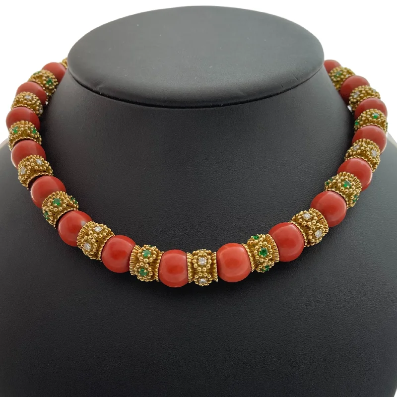 matching necklaces for women -Vintage Mediterranean Coral Emerald and Diamond Necklace