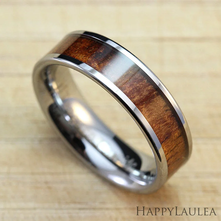 Tungsten Carbide Ring with Koa Wood Inlay, 6mm, Flat Shape, Comfort Fitment