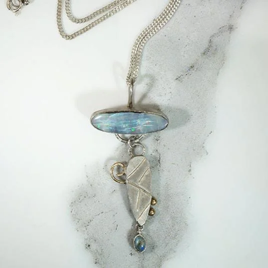 pendant necklaces for women -Sterling & Opal Necklace with Gold Accents Signed Bluejacket