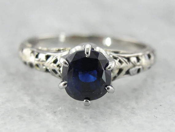 matching engagement rings -Art Deco Sapphire White Gold Filigree Engagement Ring