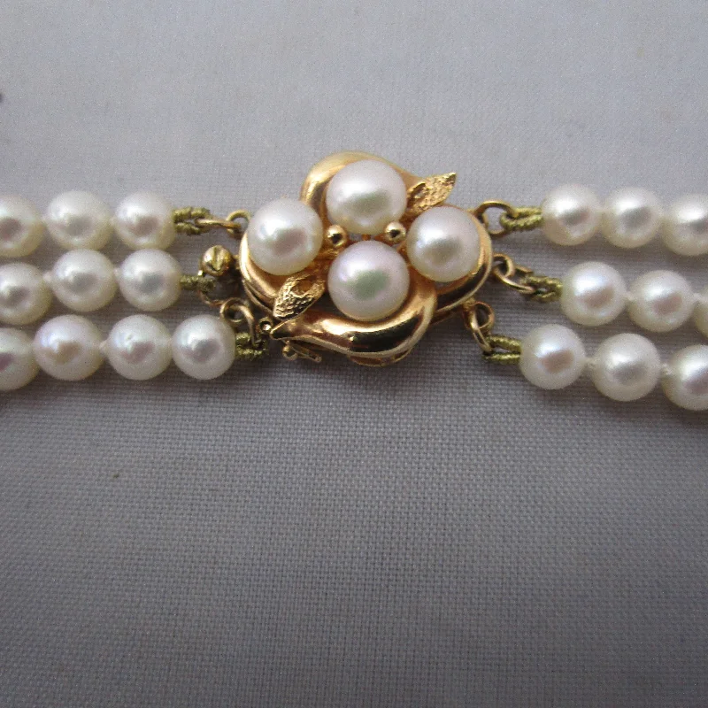 designer necklaces for women -14K Gold Clasp And Cultured Pearl Choker Necklace Vintage c1960