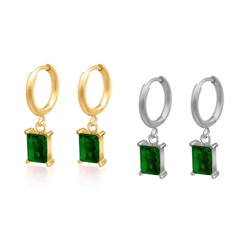 silver stud earrings for women -Green Stone Huggies