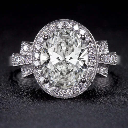 affordable solitaire engagement rings -3ct VINTAGE STYLE ENGAGEMENT RING LAB CREATED DIAMOND ACRT DECO OVAL WHITE GOLD