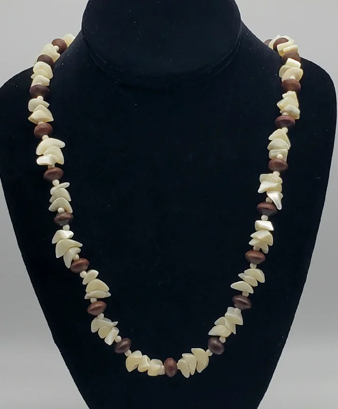 bridal shower necklaces for women -Vintage Nacre Shell Mother-of-Pearl and Wood Bead Necklace - 26"