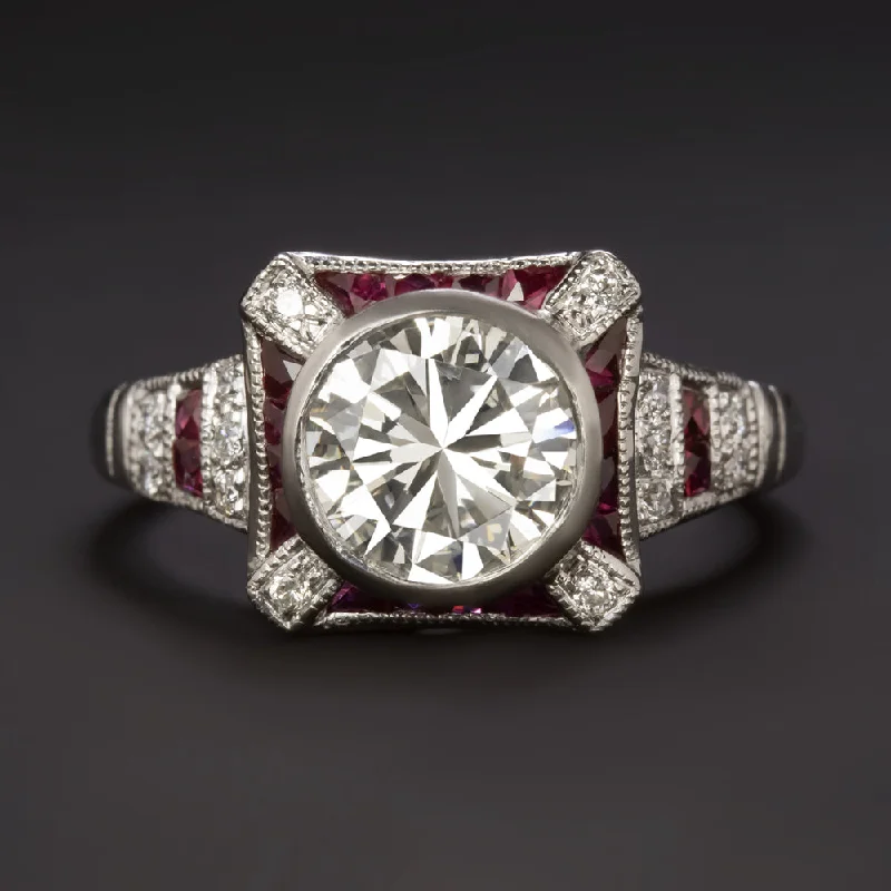 designer engagement rings -DIAMOND RUBY ENGAGEMENT RING ART DECO VINTAGE STYLE PLATINUM 1.5ct L VS1 ROUND