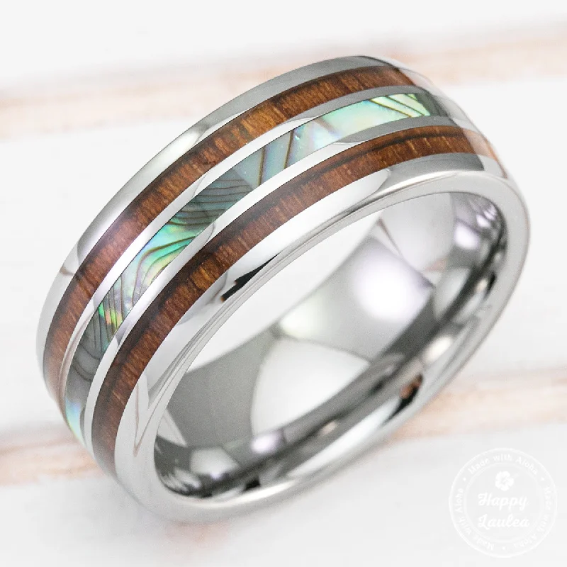 Tungsten Carbide Ring with Abalone Pau'a Shell and Hawaiian Koa Wood Tri Inlay - 8mm, Dome Shape Comfort Fitment