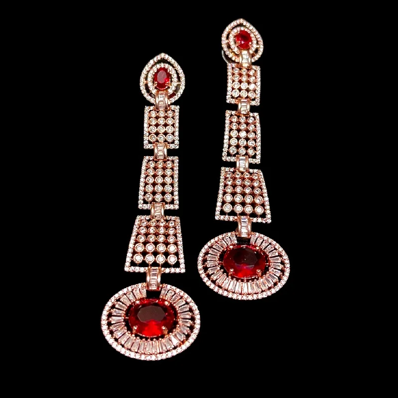 crystal earrings for women -Statement Long Burgandy Red Rose-gold AD Zircon (CZ) Earring