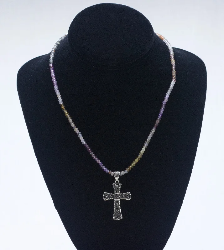 personalized engraved necklaces for women -Sterling Silver Crucifix on Quartz Varieties Multicolor Beaded Necklace - 18" - BROKEN CLASP