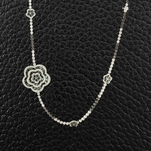 dainty necklaces for women -Black & White Diamond Long Necklace with Flower