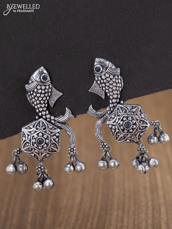 timeless earrings for women -Oxidised earring fish design with sapphire stone and hangings