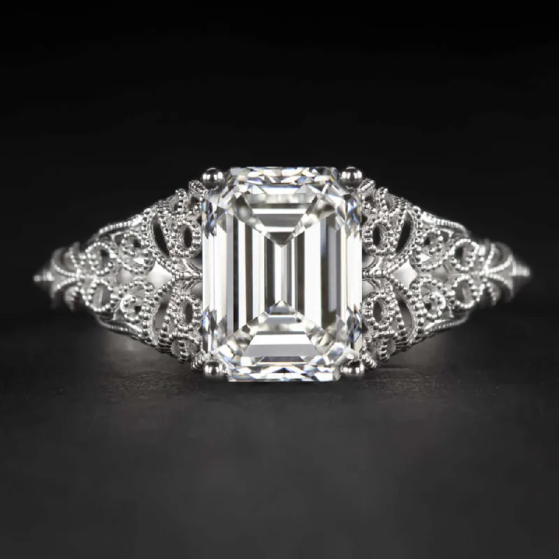 women’s engagement rings with gemstones -1.91ct GIA CERTIFIED H VVS1 EMERALD CUT DIAMOND ENGAGEMENT RING VINTAGE STYLE