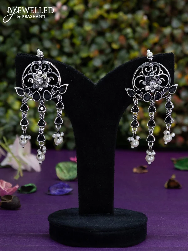 trendy ear climbers for women -Oxidised earring floral design with black stones and pearl hangings