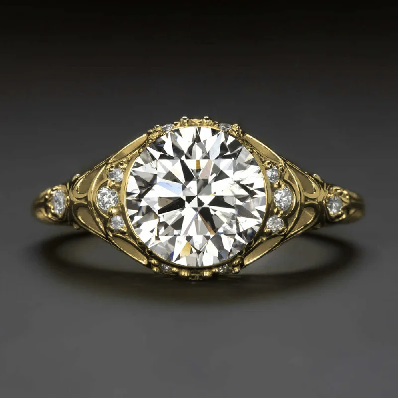 engagement rings with rubies -2ct CERTIFIED DIAMOND ENGAGEMENT RING VINTAGE STYLE YELLOW GOLD FILIGREE ROUND