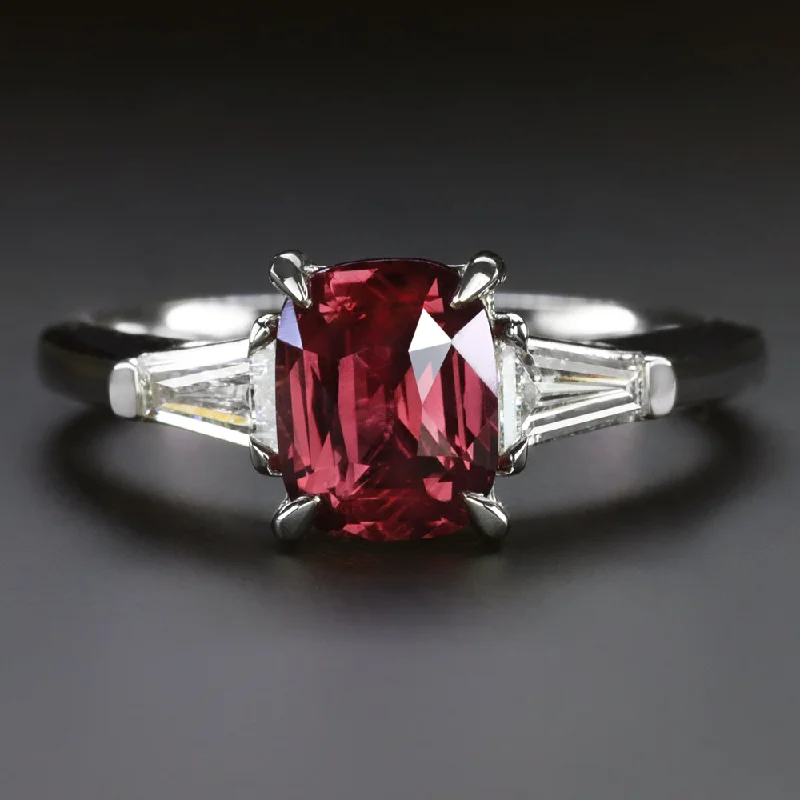 unique engagement rings -1.77ct RUBY DIAMOND ENGAGEMENT RING PLATINUM GIA CERTIFIED 3 STONE CUSHION SHAPE