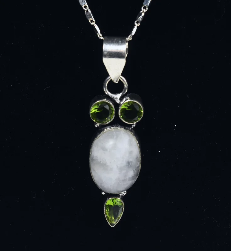 pearl pendant necklaces for women -Blue Flash Moonstone and Peridot Sterling Silver Pendant on Sterling Silver Chain Necklace