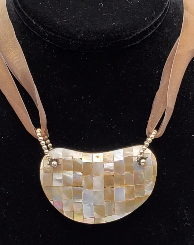 matching necklaces for women -Vintage Mosaic Mother of Pearl Breast Plate Pendant Ribbon Necklace