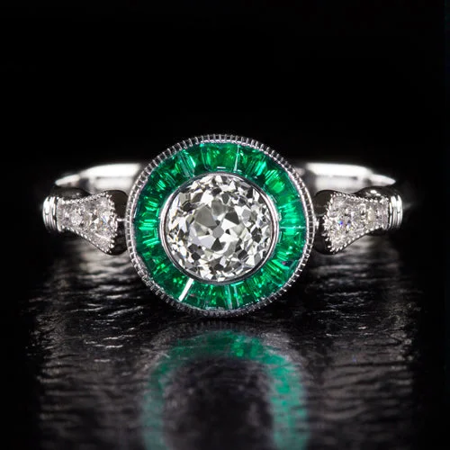 elegant halo engagement rings -OLD EUROPEAN CUT DIAMOND ENGAGEMENT RING GIA CERTIFIED EMERALD VINTAGE STYLE