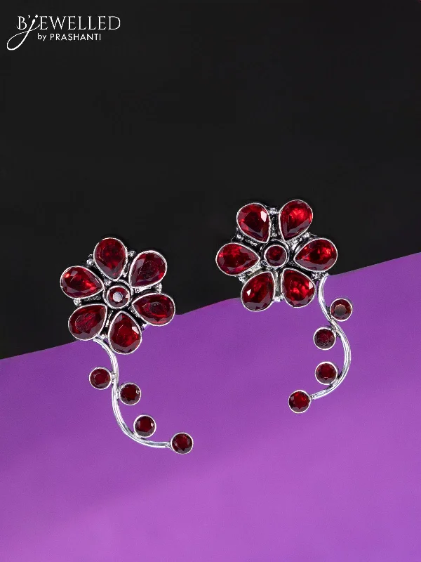 matching earrings for women -Oxidised earrings floral design with maroon stones