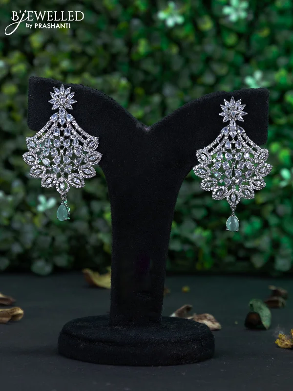 trendy stud earrings for women -Zircon earring with mint green & cz stones and hanging