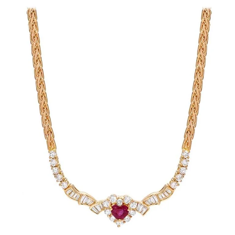 silver chain necklaces for women -Ruby Heart Diamond Gold Necklace