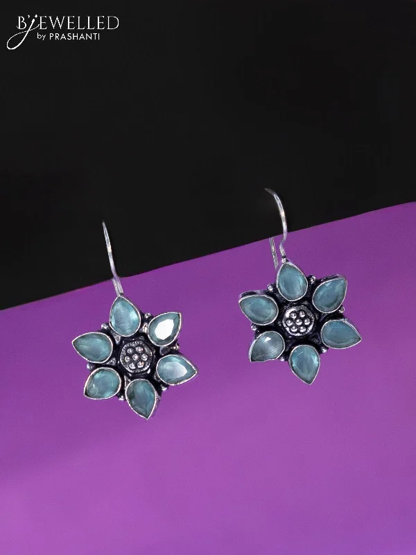 custom earrings for women -Oxidised hanging type earring floral design with mint green stones