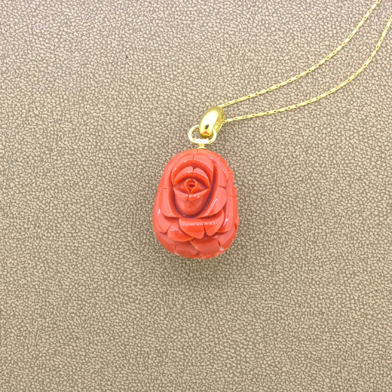 gemstone necklaces for women -Carved Red Coral Diamond 18K Yellow Gold Floral-Motif Pendant