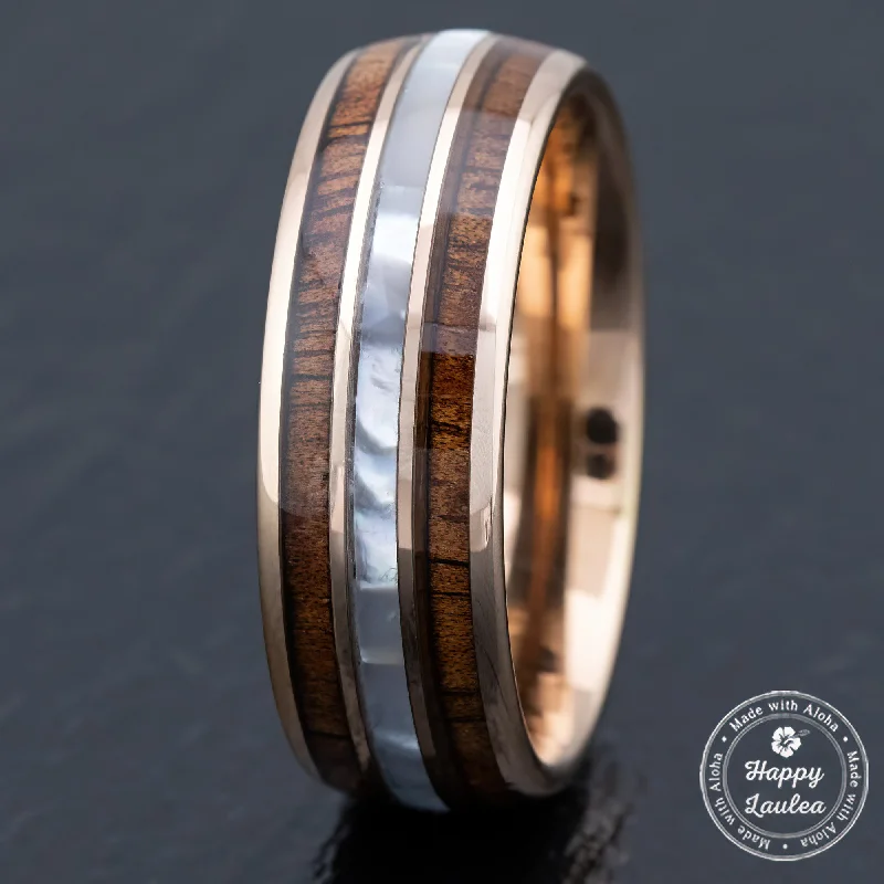 Tungsten Carbide Rose Gold Ion Plated [8mm width] Mother of Pearl & Hawaiian Koa Wood Inlay