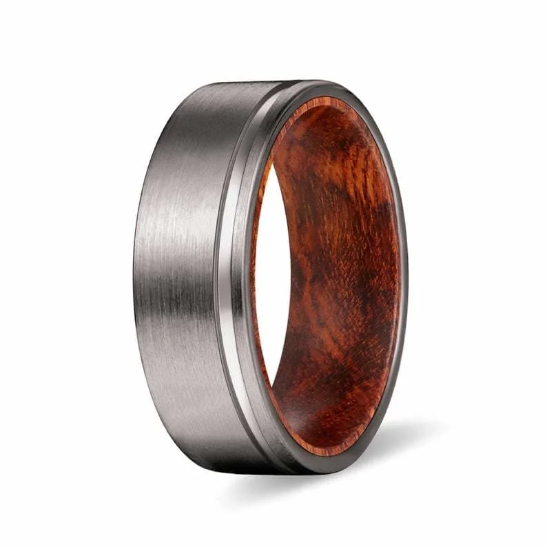 KENAZ Men's Grooved Tungsten Wedding Ring Brished w/ Snake Wood Sleeve - 8MM