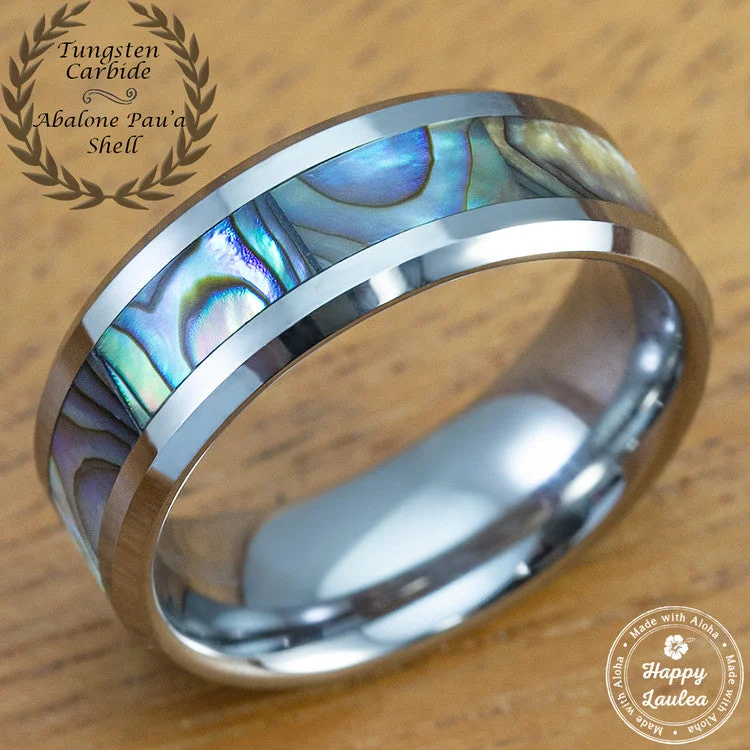 Mother of Pearl Abalone Pau'a Shell Tungsten Carbide Beveled Edge Ring [8mm width]