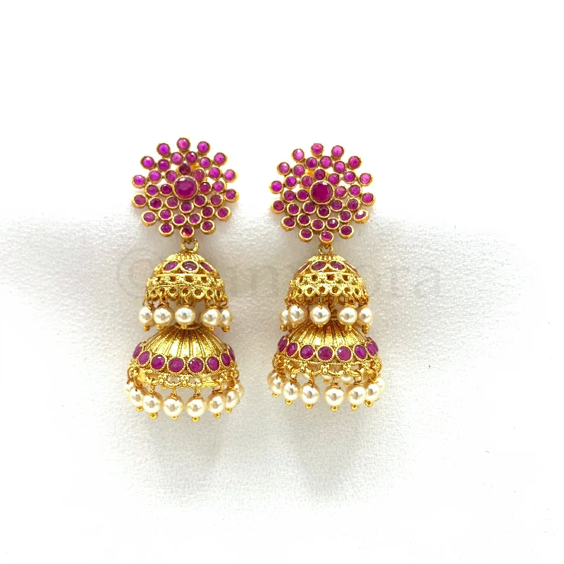 rose gold earrings for women -Beautiful Antique Two-Layer Ruby red Jhumka earring with Floral stud arring